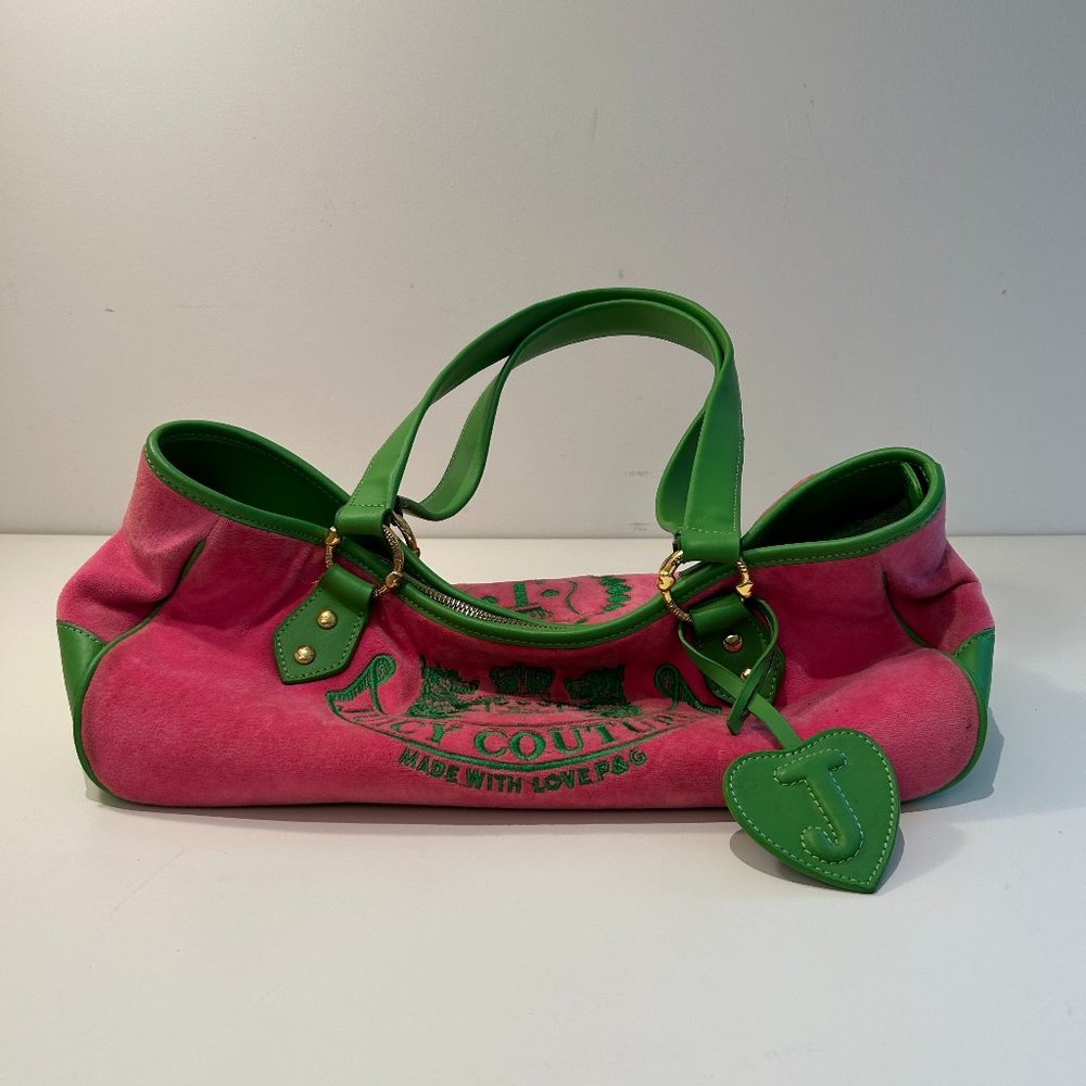 JUICY COUTURE Pink Terry Cloth and Green Leather Handbag